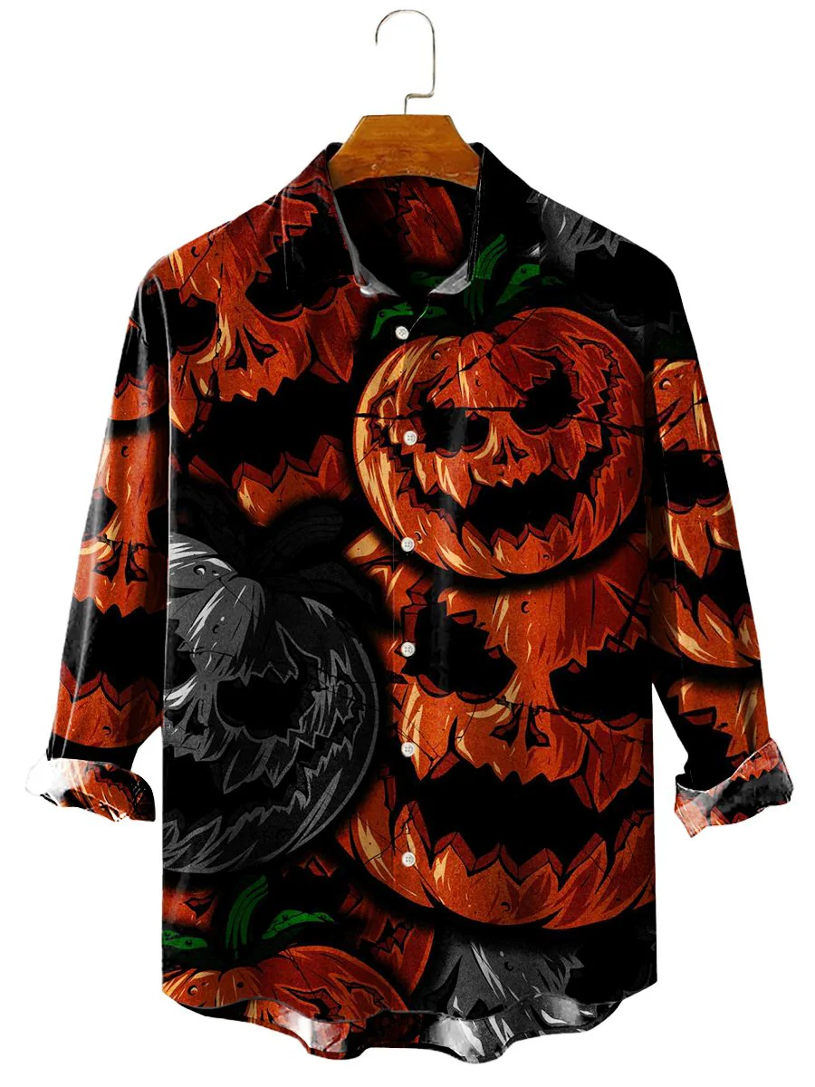 Halloween Pumpkin Print Casual Long Sleeve Shirt - Image 2