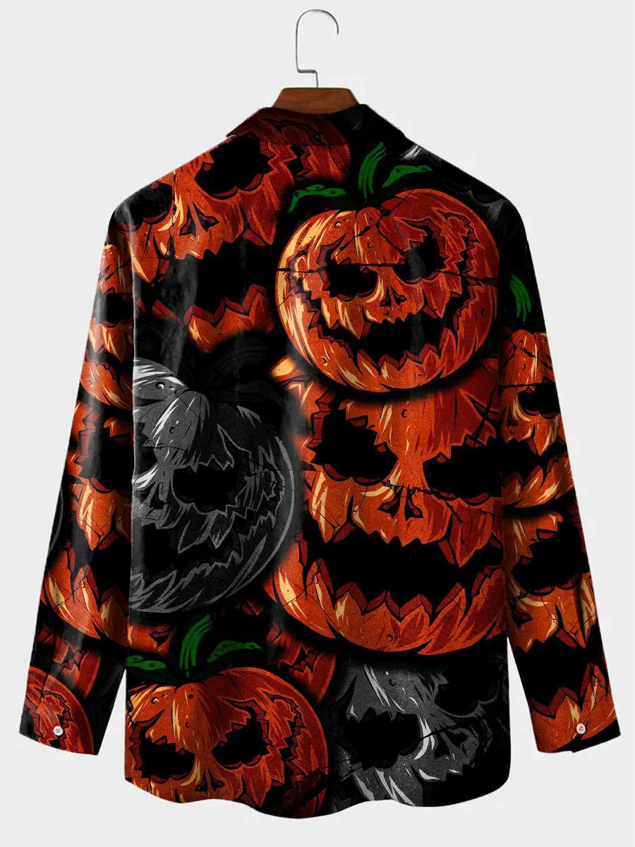 Halloween Pumpkin Print Casual Long Sleeve Shirt - Image 3
