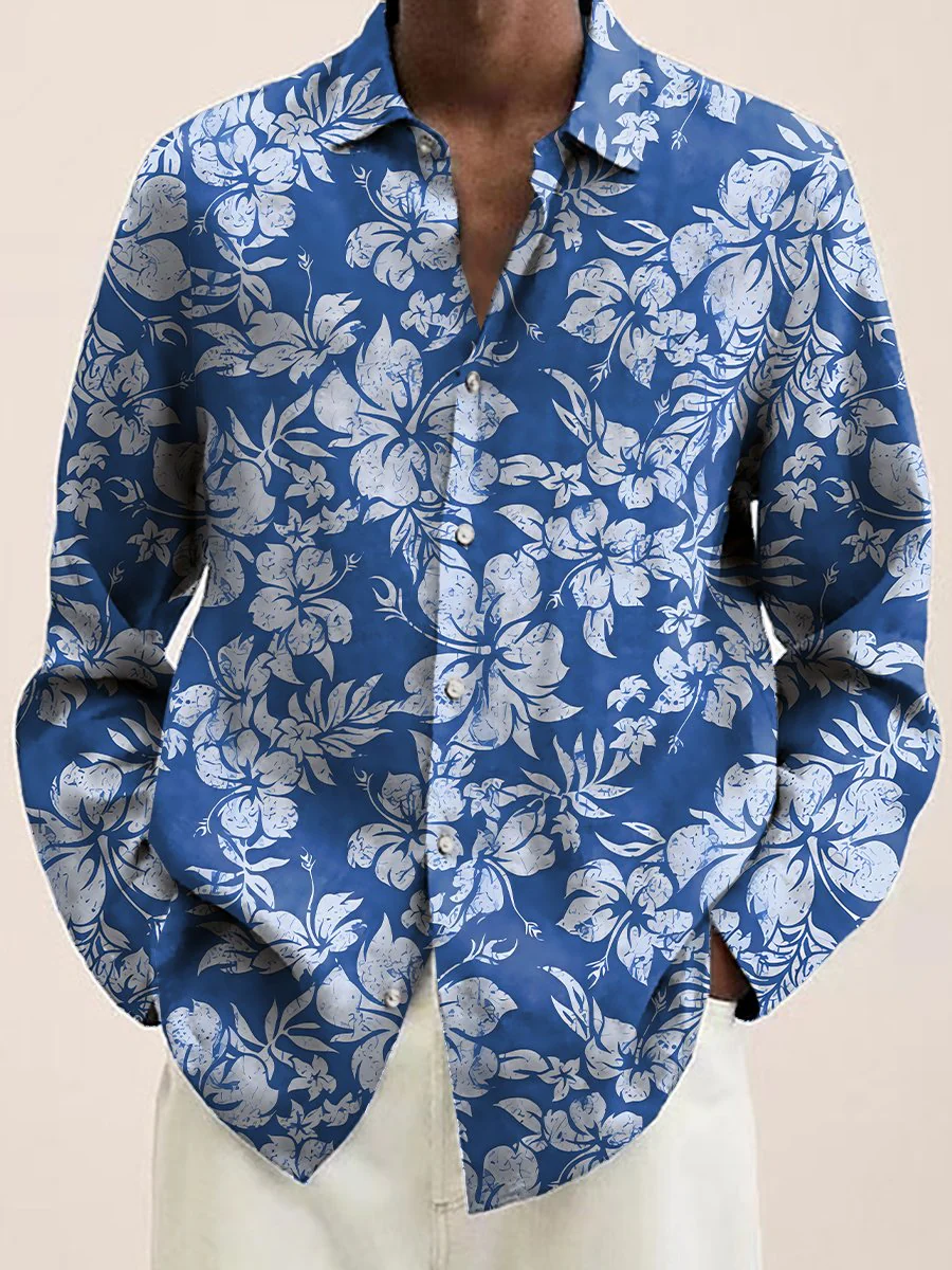 Hawaiian Shirt Tropical Hibiscus Print Casual Vacation Oversized Long Sleeve Shirt - Image 4