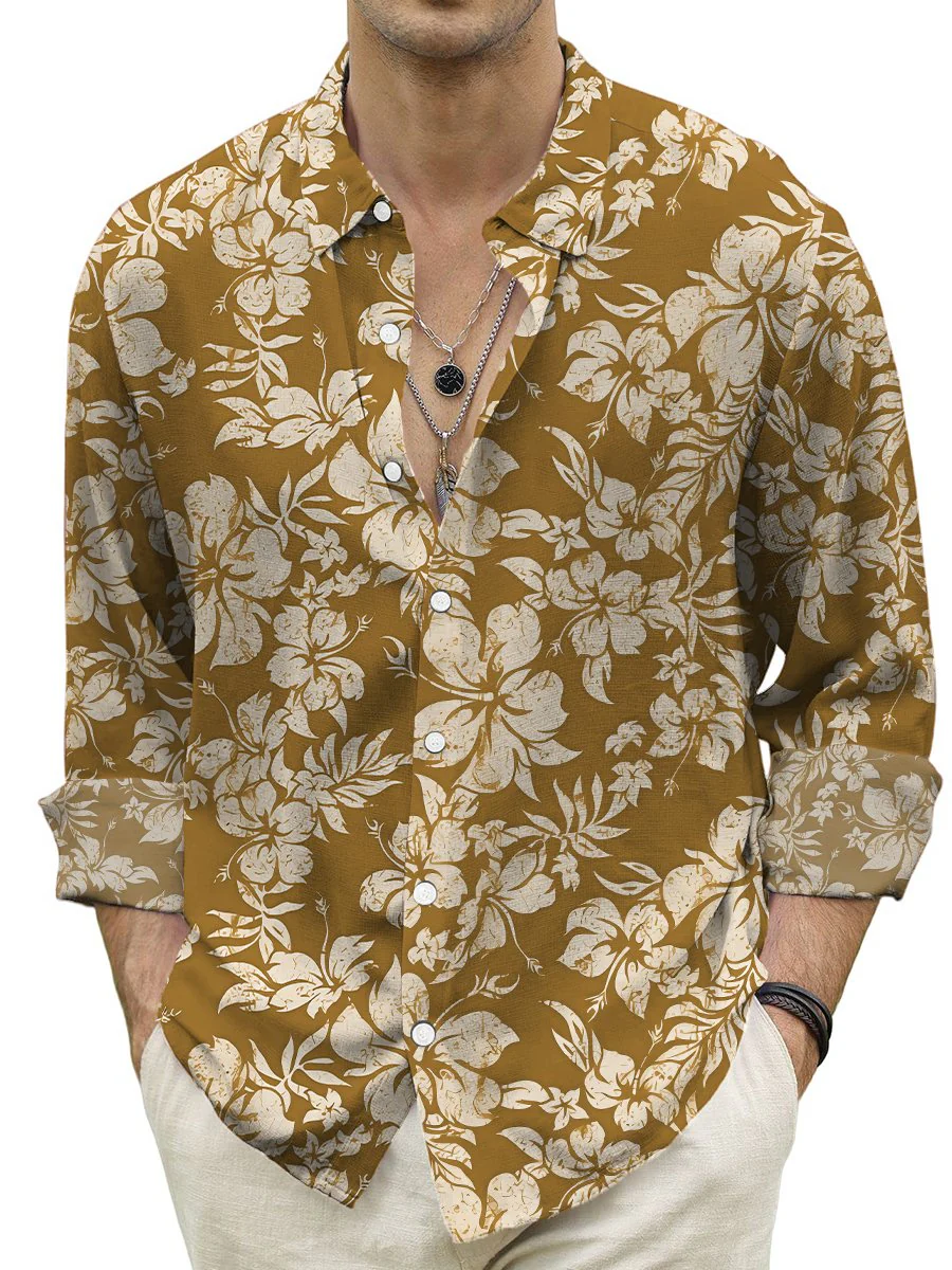 Hawaiian Shirt Tropical Hibiscus Print Turndown Long Sleeve Print Shirt - Image 3