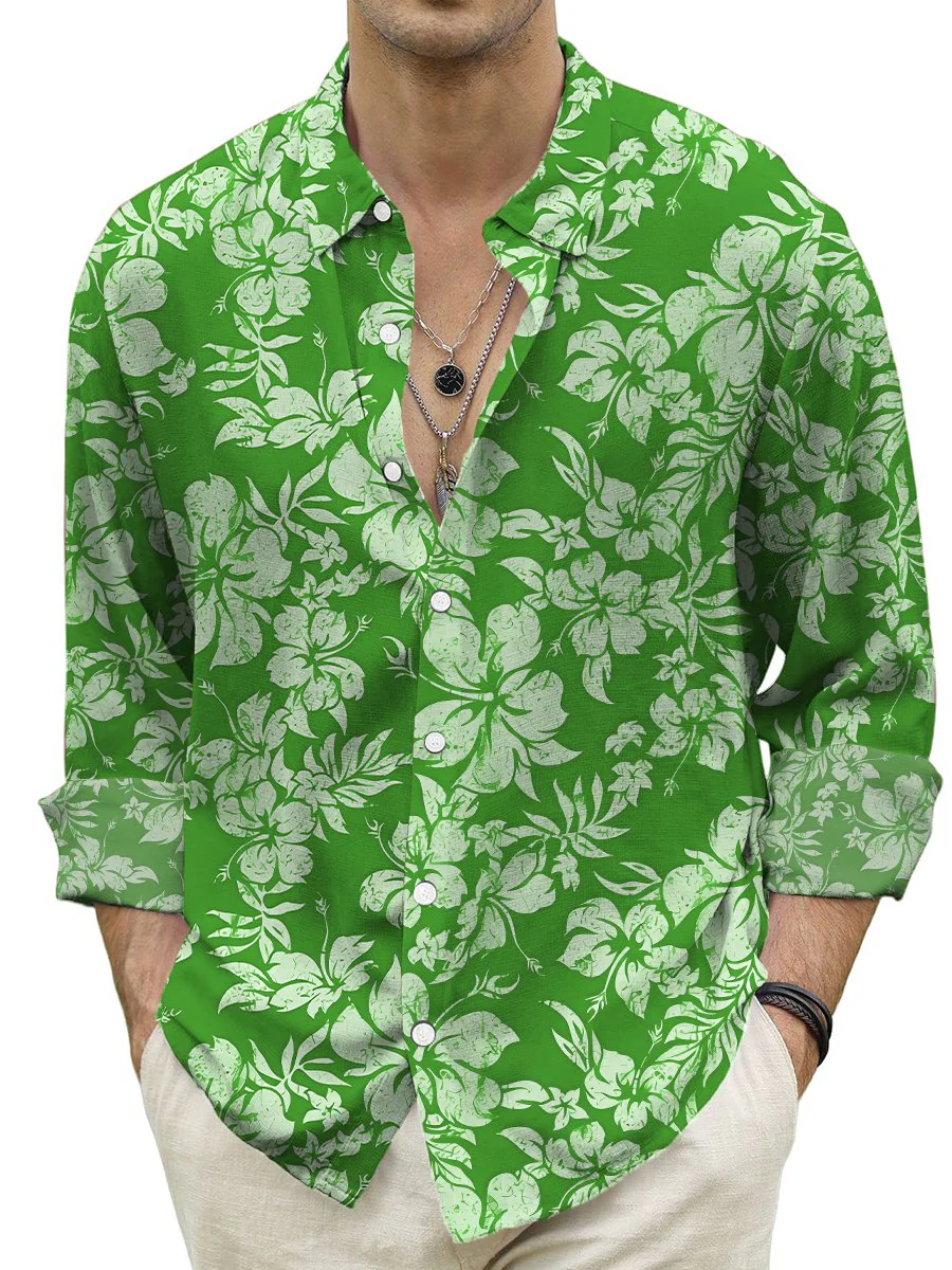 Hawaiian Shirt Tropical Hibiscus Print Turndown Long Sleeve Print Shirt - Image 4