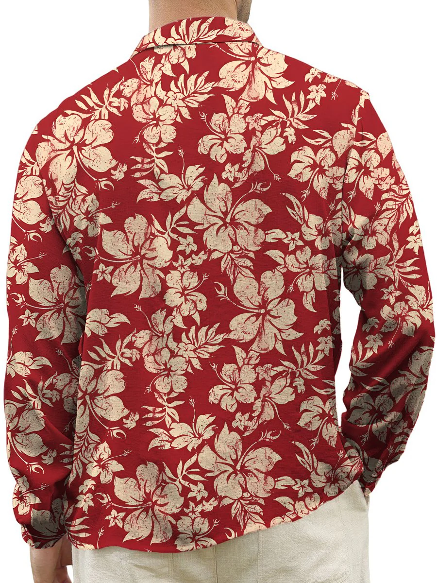 Hawaiian Shirt Tropical Hibiscus Print Turndown Long Sleeve Print Shirt - Image 5