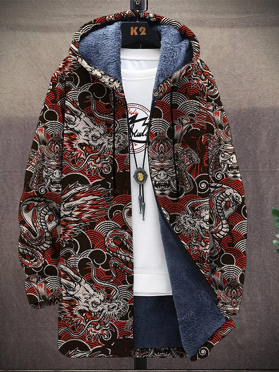 Japanese Style Dragon Print Hooded Two-Pocket Fleece Cardigan