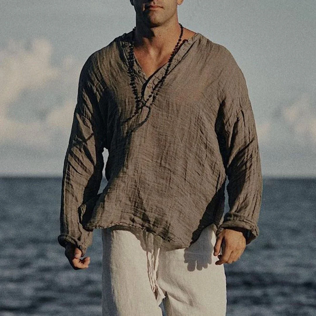 Linen Half-open Collar Long-Sleeved Shirt - Image 2