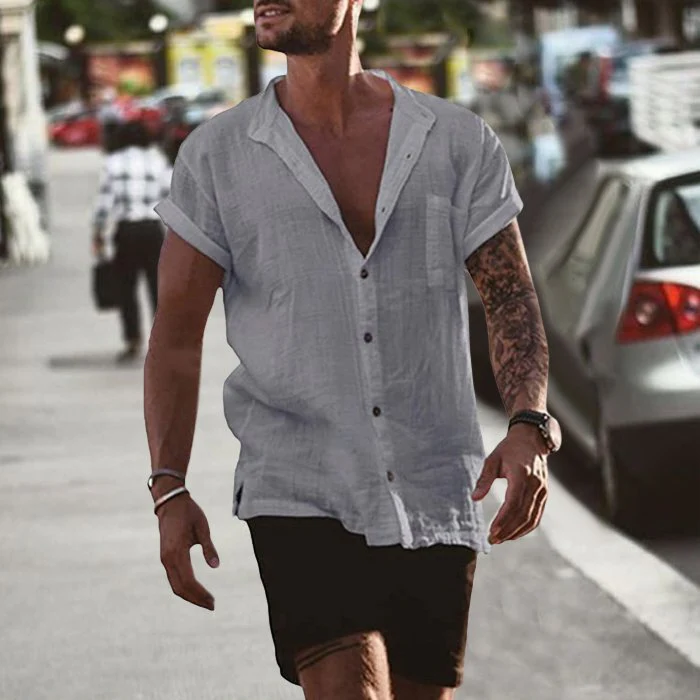 Linen Loose Short Sleeve Pocket Simple Casual Shirt - Image 7