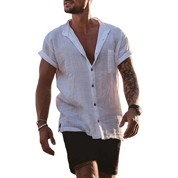 Linen Loose Short Sleeve Pocket Simple Casual Shirt - Image 9
