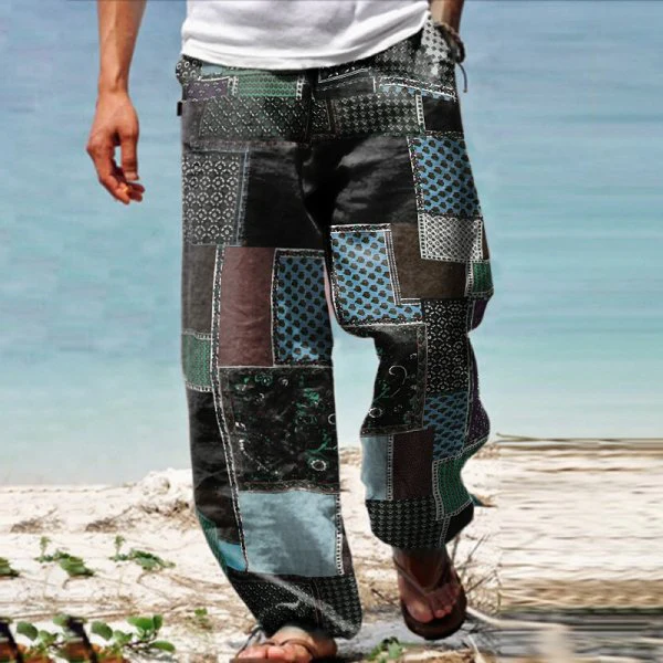 Linen Western Ethnic Irregular Boho Print Double Pocket Stretch Loose Pants - Image 2