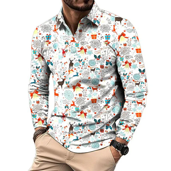 Retro Casual Christmas Floral Print Long Sleeve Polo Shirt - Image 2