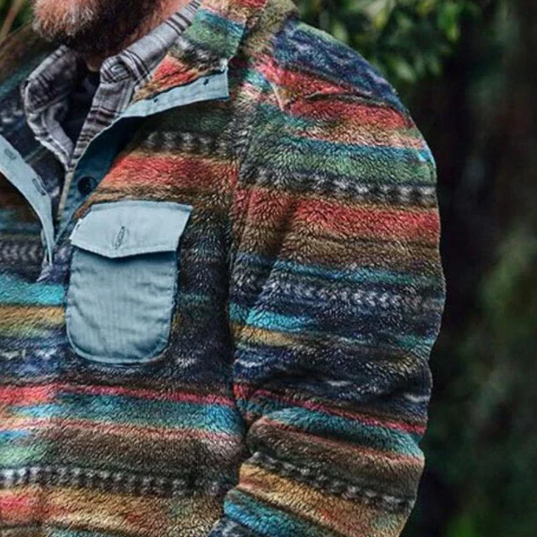 Retro Casual Color Striped Flannel Stand Collar Sweatshirt - Image 2