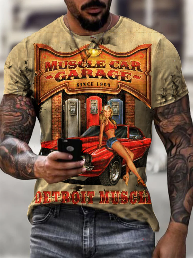 Muscle Car Garage Retro Motor Tin Logo Printed T-Shirt
