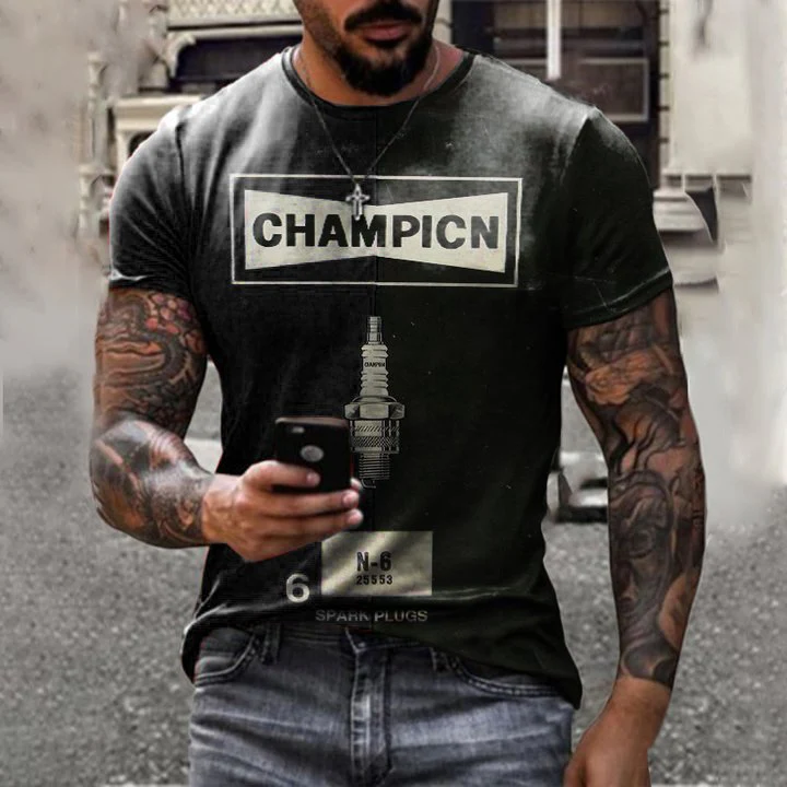 Mens Retro Spark Plug Print T-Shirt - Image 3