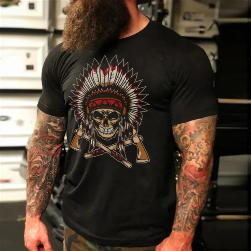 Short Sleeve Skull Indian Head Dark Biker T-Shirt