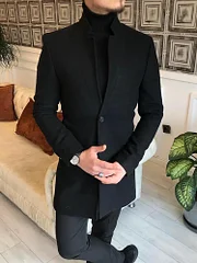 Solid Color Business Standing Collar Mid Length Coat - Image 2