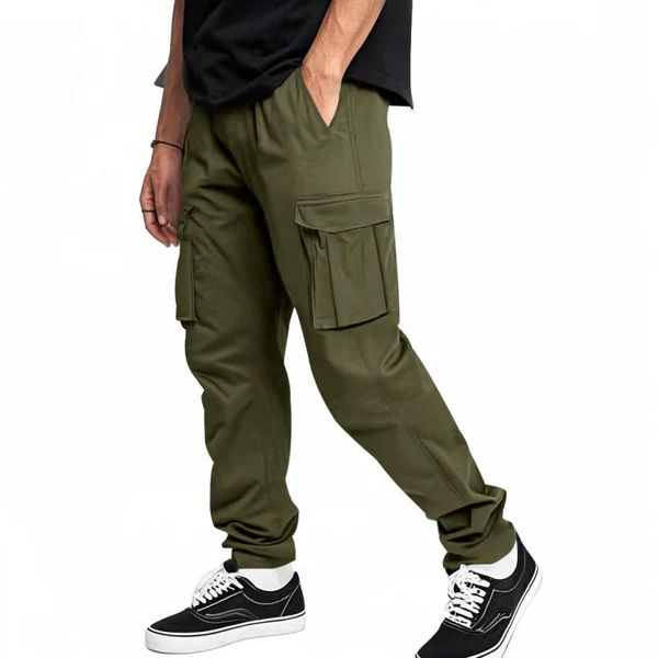 Solid Color Elastic Waist Multi-pocket Cargo Pants - Image 5