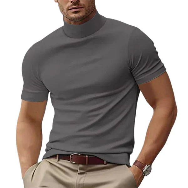 Solid Color Half Turtle Neck Slim Fit Short Sleeve T-Shirt - Image 6