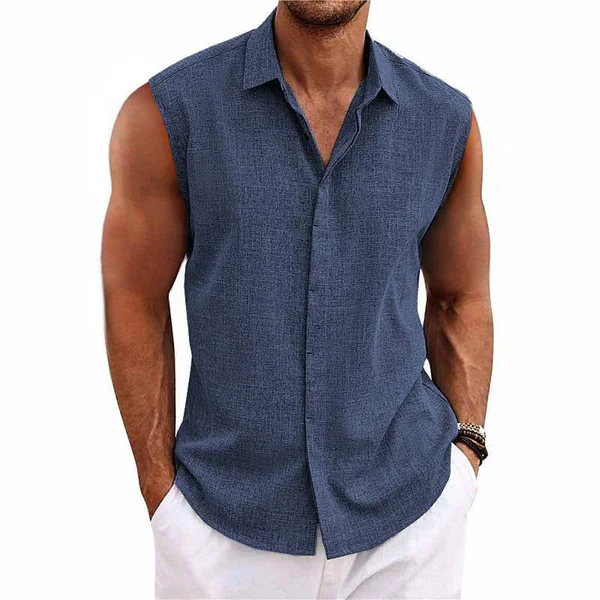 Solid Color Lapel Cotton and Linen Sleeveless Shirt - Image 3