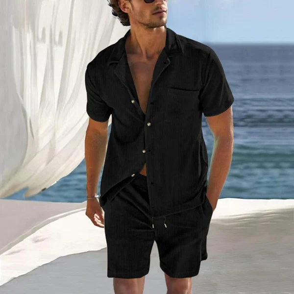 Solid Corduroy Lapel Short Sleeve Shirt Shorts Casual Set - Image 5