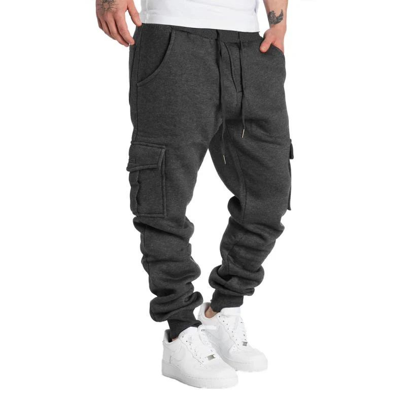 Solid Fleece Multi-pocket Elastic Waist Sports Trousers - Image 2