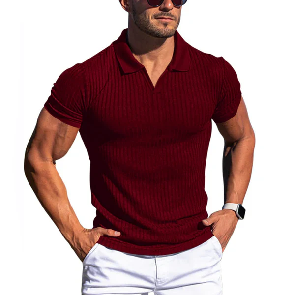 Solid Striped Lapel Short Sleeve Polo Shirt - Image 5