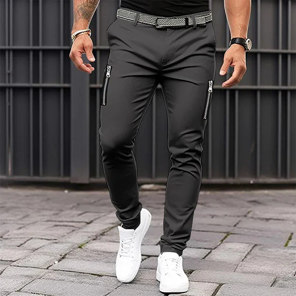 Solid Tight Zipper Decor Casual Pants - Image 3