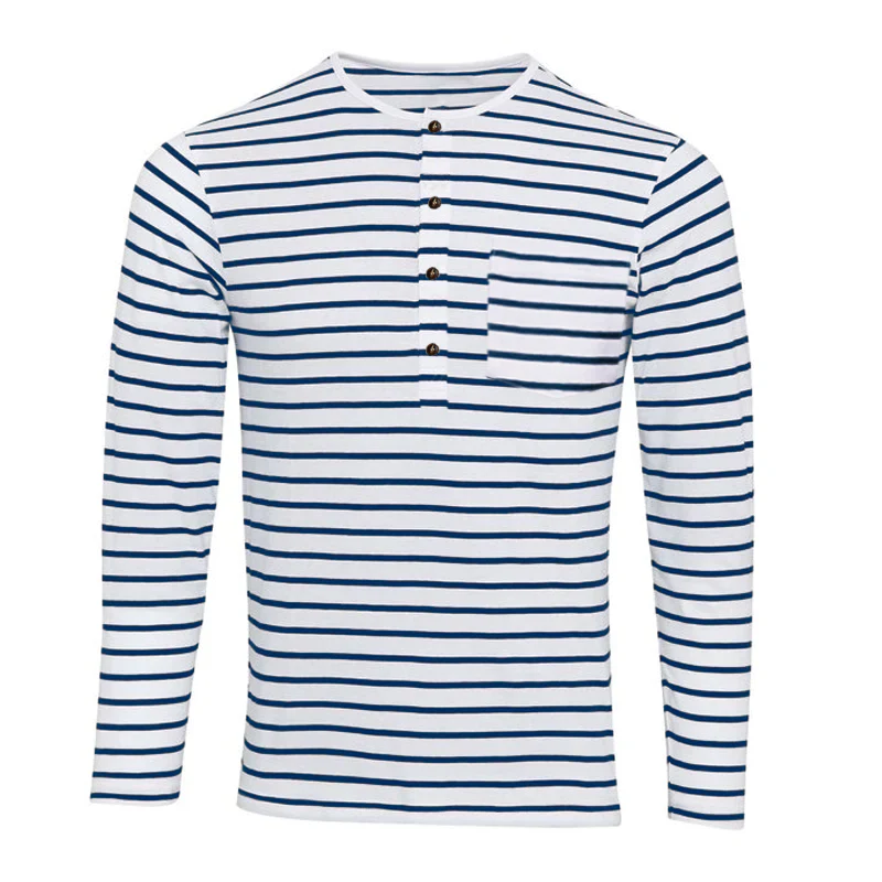 Striped Henley Collar Long Sleeve Casual T-shirt - Image 9