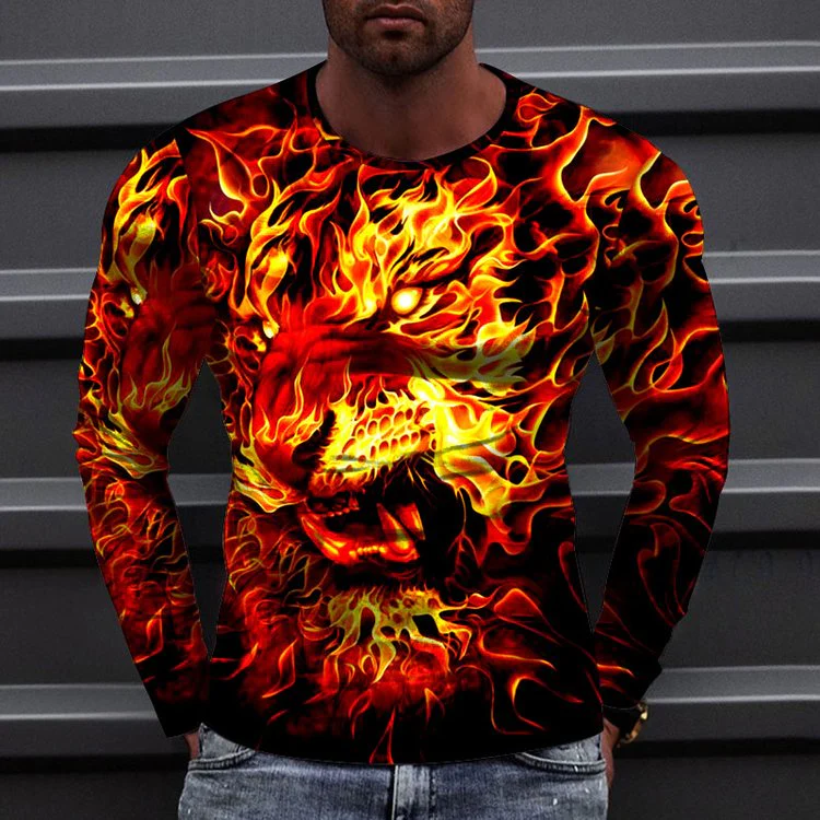 T shirt Tee Tee Graphic Tiger Flame Round Neck Blue Red 3D Print Casual Daily Long Sleeve 3D Print Clothing Apparel Fashion Designer Casual Comfortable