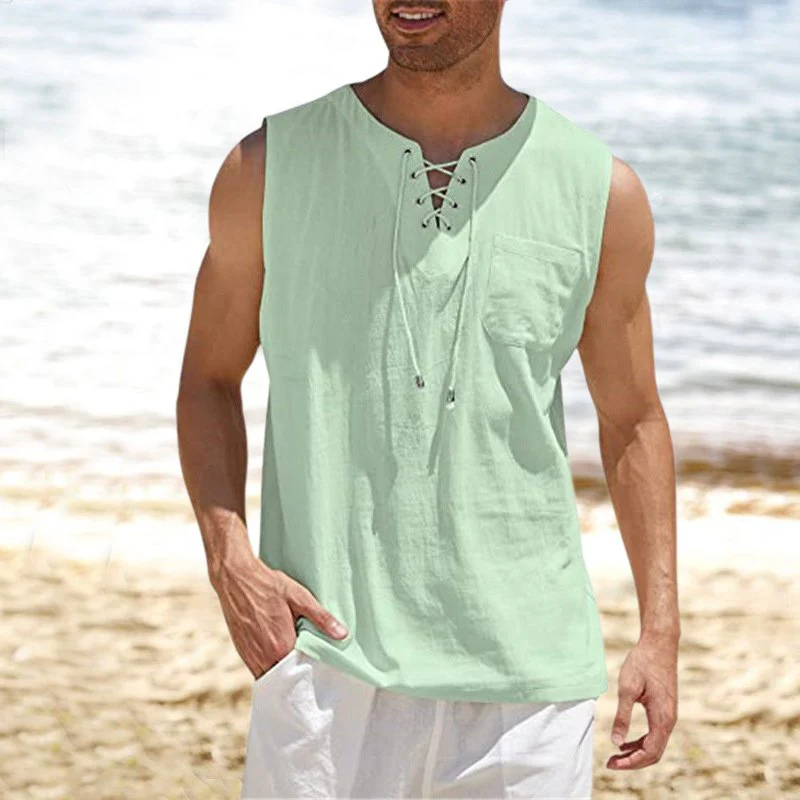 Tank Top Shirt Lace-Up Solid Linen Short Sleeve T-Shirt - Image 3
