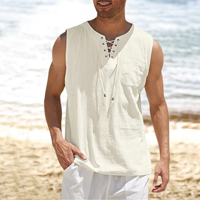 Tank Top Shirt Lace-Up Solid Linen Short Sleeve T-Shirt - Image 4