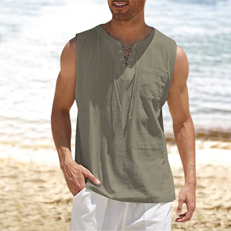 Tank Top Shirt Lace-Up Solid Linen Short Sleeve T-Shirt - Image 5