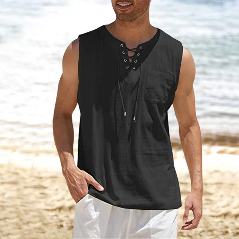 Tank Top Shirt Lace-Up Solid Linen Short Sleeve T-Shirt - Image 6