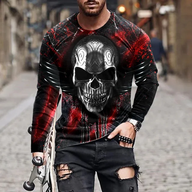 T shirt Tee Skull Graphic Prints Crew Neck Black Long Sleeve 3D Print Outdoor Street Print Tops Basic Vintage Sports Designer