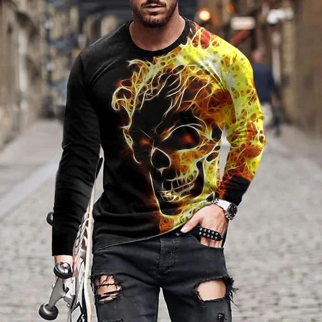 T shirt Tee Skull Graphic Prints Crew Neck Yellow Long Sleeve 3D Print Outdoor Street Print Tops Basic Vintage Sports Designer