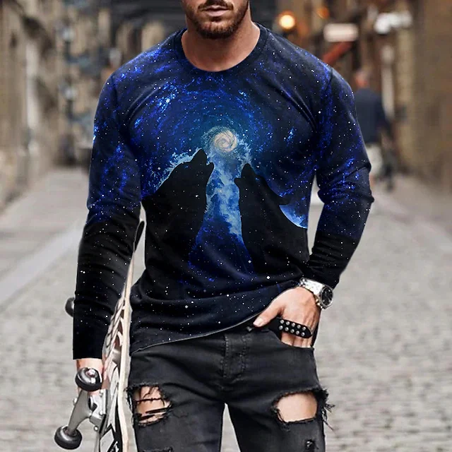 T shirt Tee Wolf Graphic Prints Crew Neck Blue Long Sleeve 3D Print Outdoor Halloween Print Tops Basic Sports Designer Casual