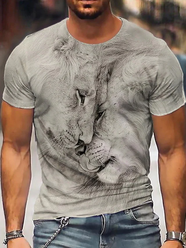 Tee T shirt Tee Shirt 3D Print Graphic Prints Lion Crew Neck Daily Holiday Print Short Sleeve Tops Designer Casual Big and Tall Gray
