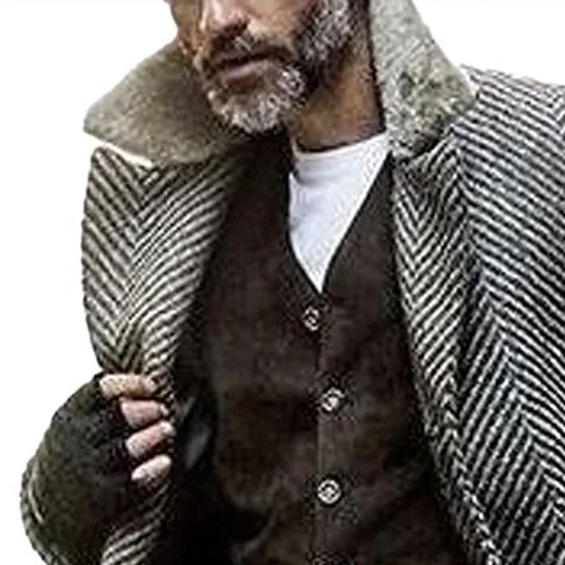 Vintage Herringbone Fabric Spliced Fur Collar Coat - Image 3