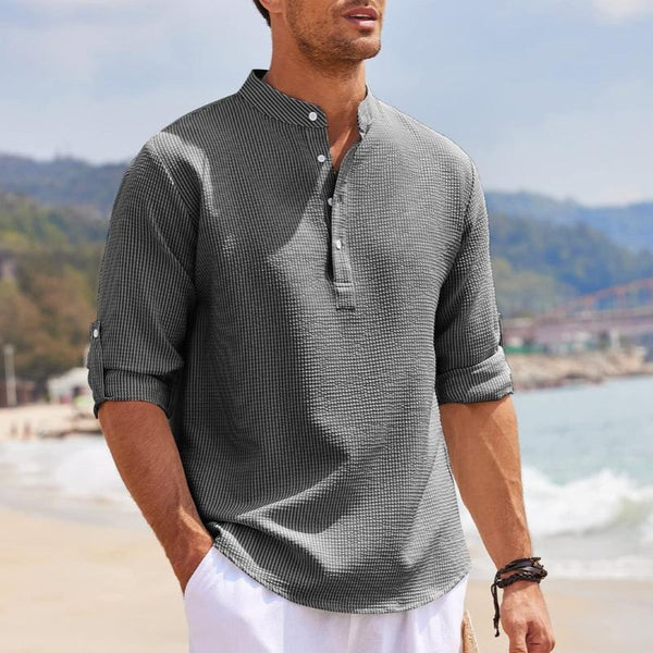 Waffle Stand Collar Rolled Sleeve Long Sleeve Shirt - Image 2