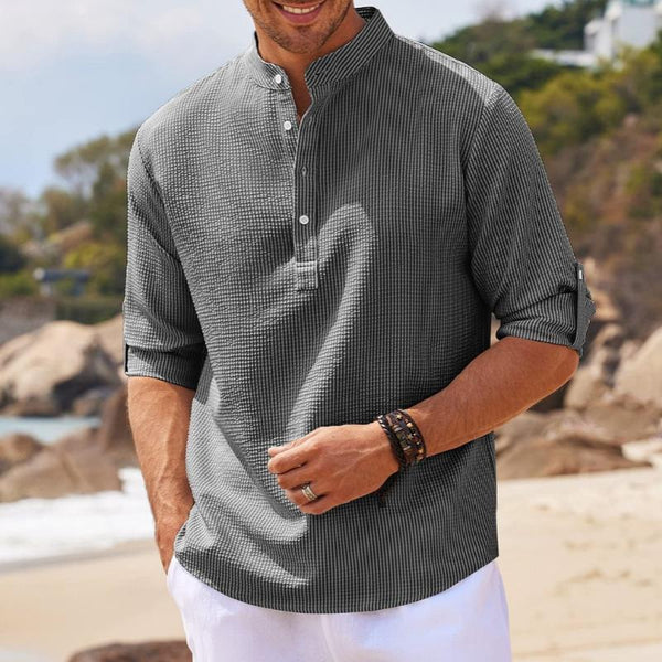 Waffle Stand Collar Rolled Sleeve Long Sleeve Shirt - Image 3