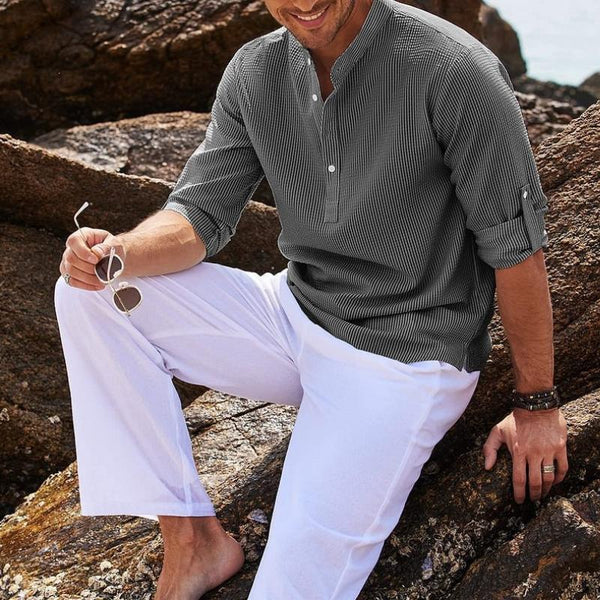 Waffle Stand Collar Rolled Sleeve Long Sleeve Shirt - Image 4
