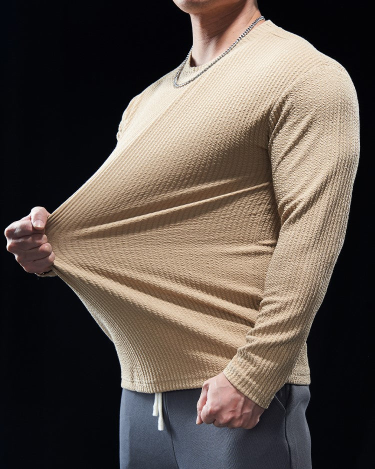 Texture Grid Crewneck Pullover Long Sleeve Shirt - Image 27