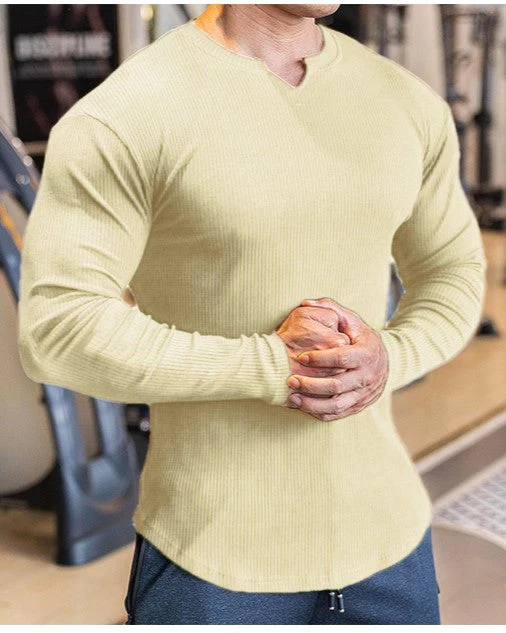 Muscle Fit V-Neck Long Sleeve Cotton Rib Knit T-Shirt - Image 16