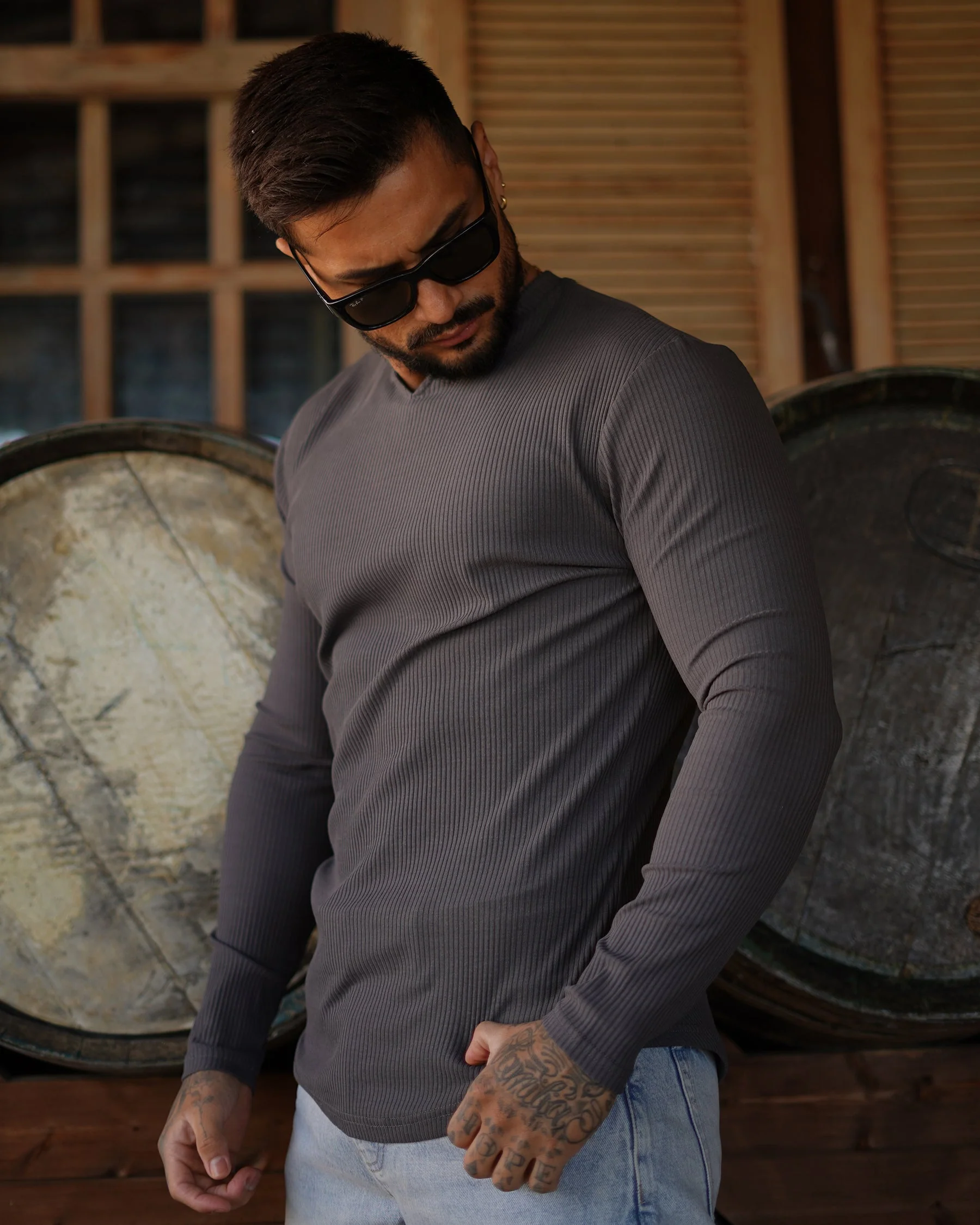 Muscle Fit V-Neck Long Sleeve Cotton Rib Knit T-Shirt - Image 25