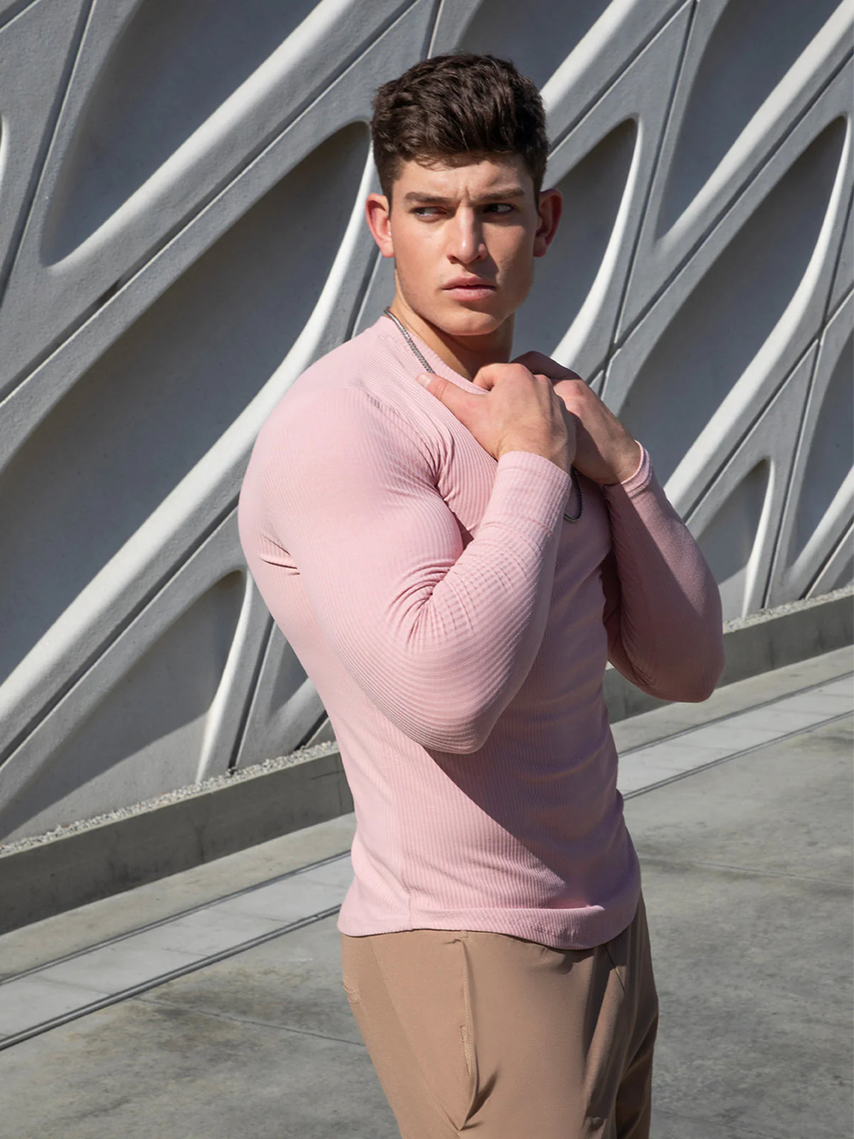 Muscle Fit V-Neck Long Sleeve Cotton Rib Knit T-Shirt - Image 8