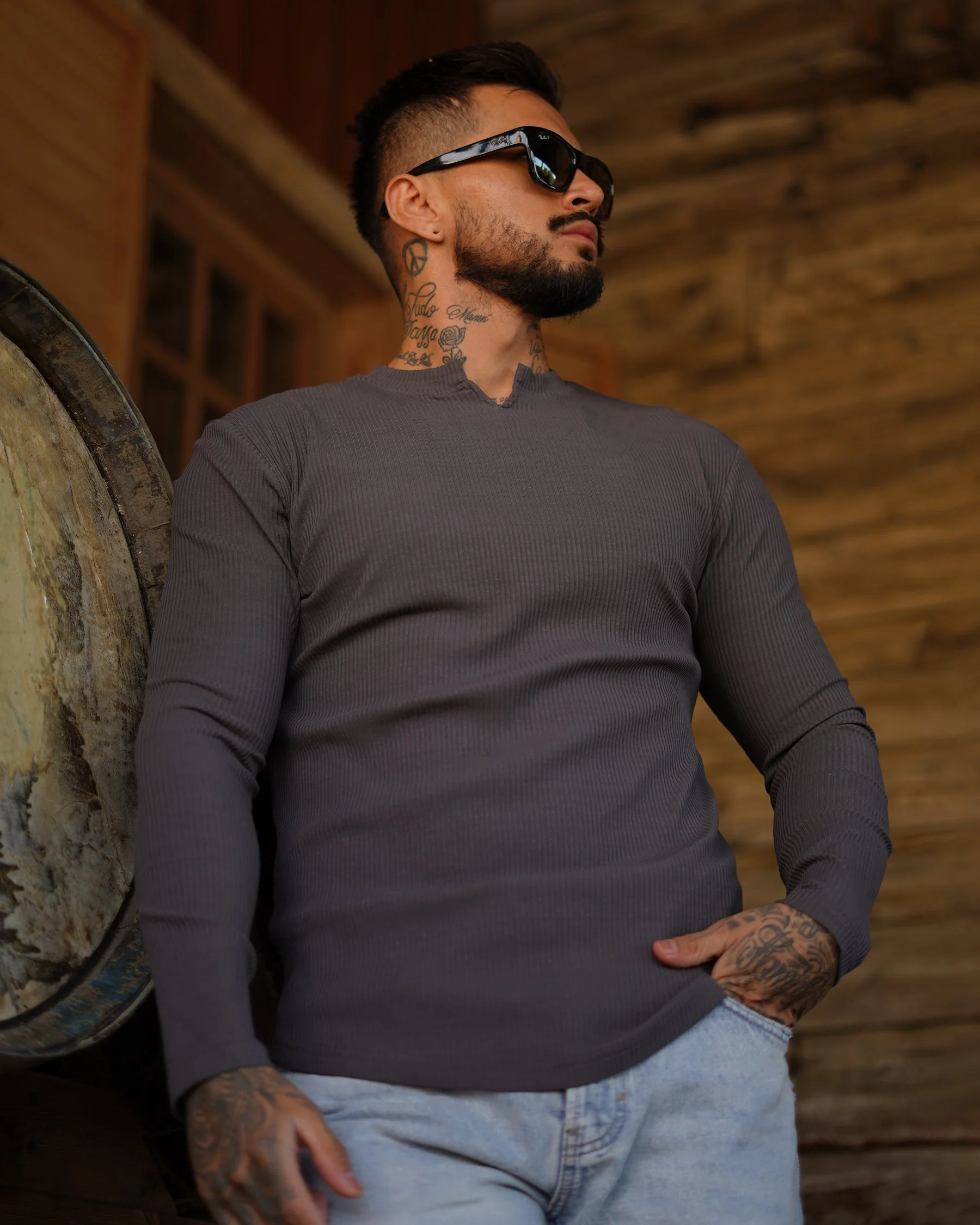 Muscle Fit V-Neck Long Sleeve Cotton Rib Knit Tech T-Shirt - Image 24