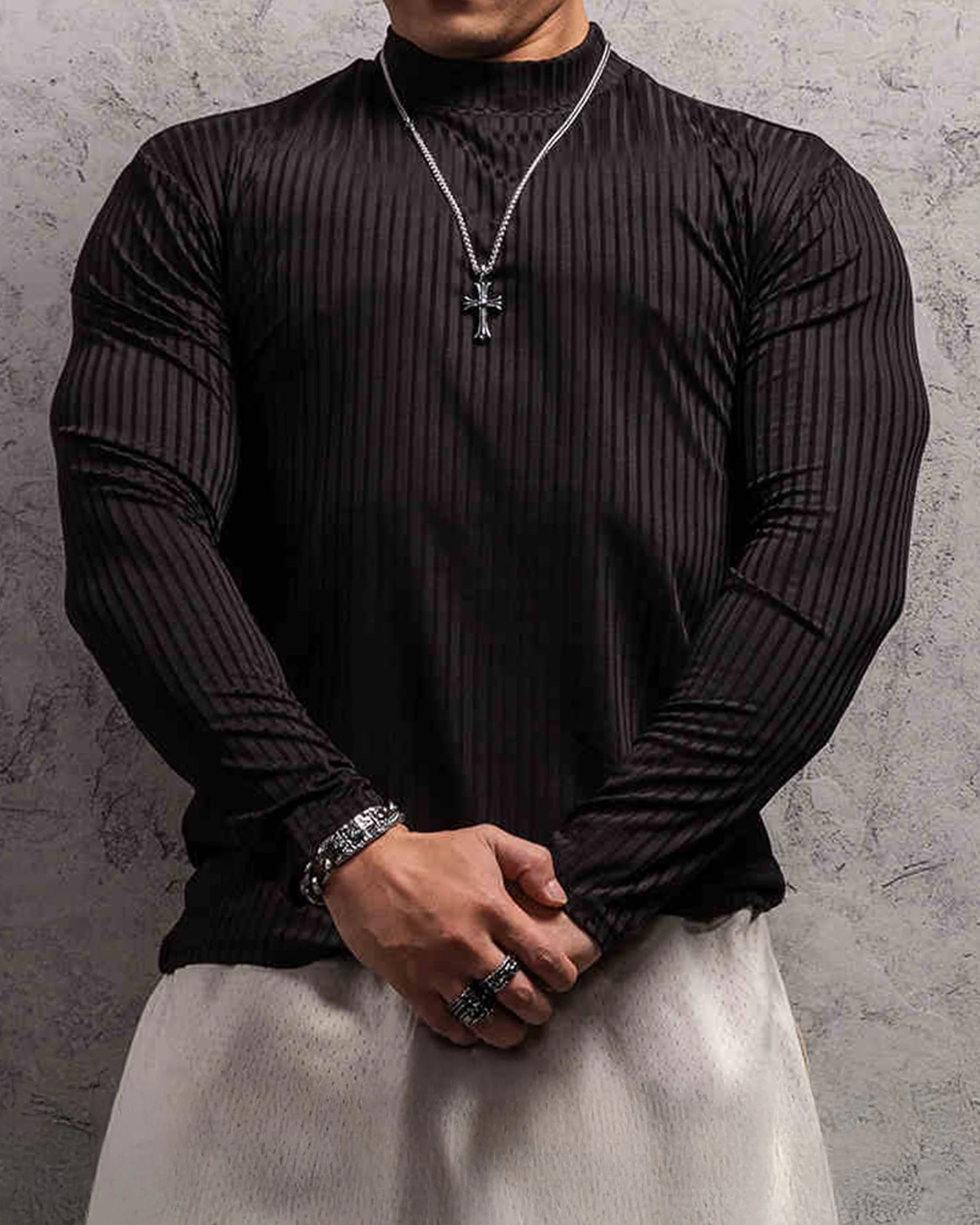 Stretch Rib Jersey Mockneck Long Sleeves T-shirt - Image 10