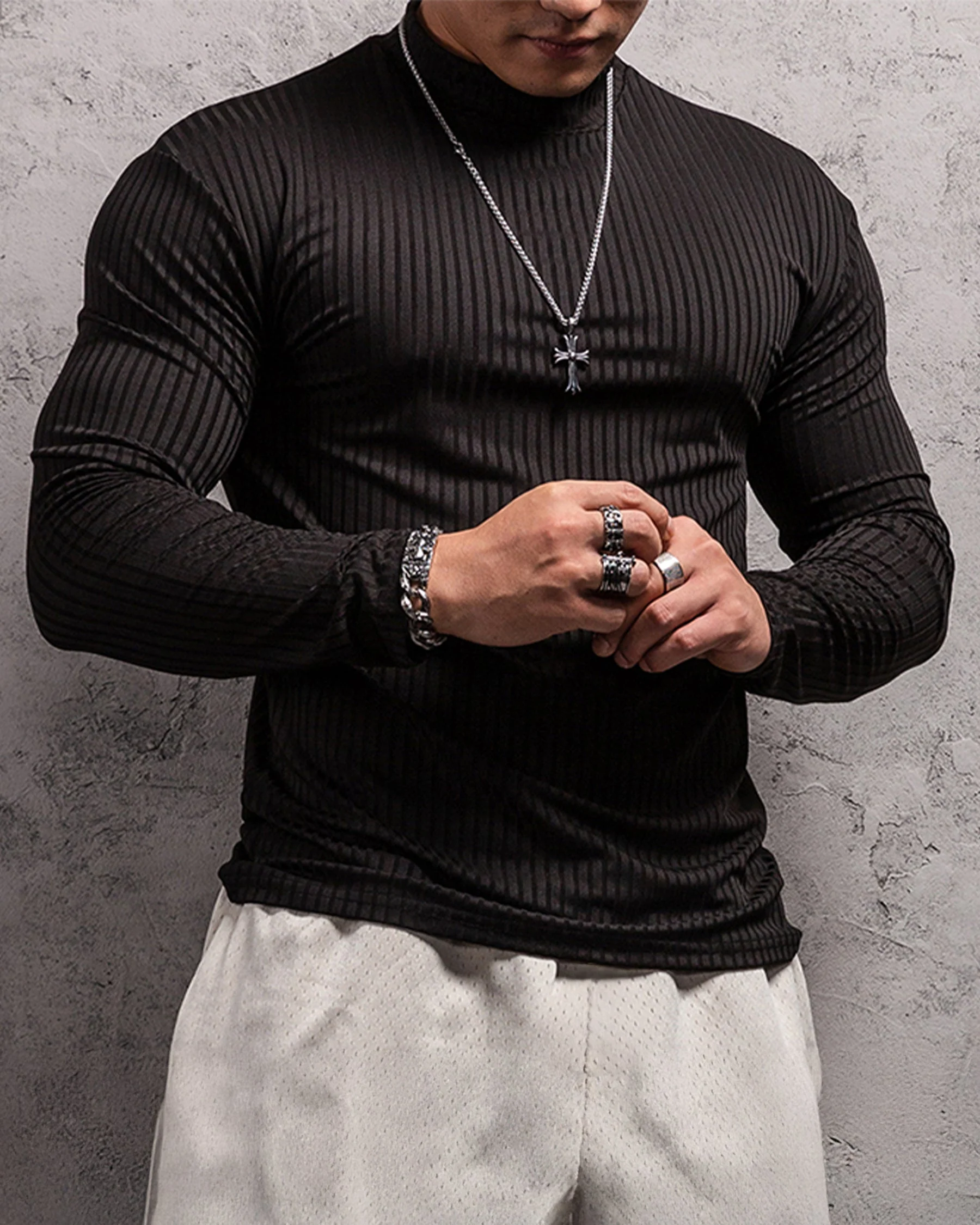 Stretch Rib Jersey Mockneck Long Sleeves T-shirt - Image 11