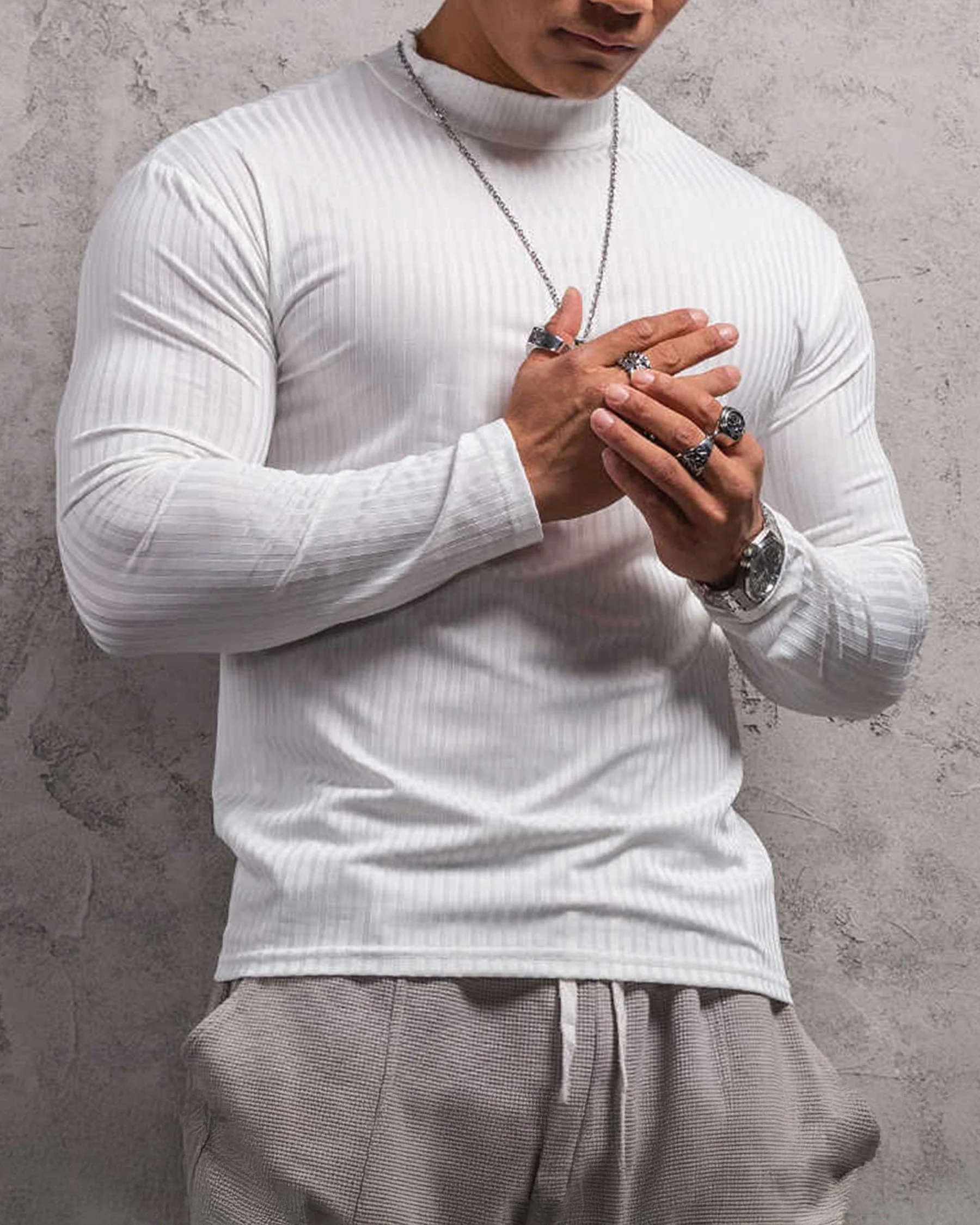 Stretch Rib Jersey Mockneck Long Sleeves T-shirt - Image 12