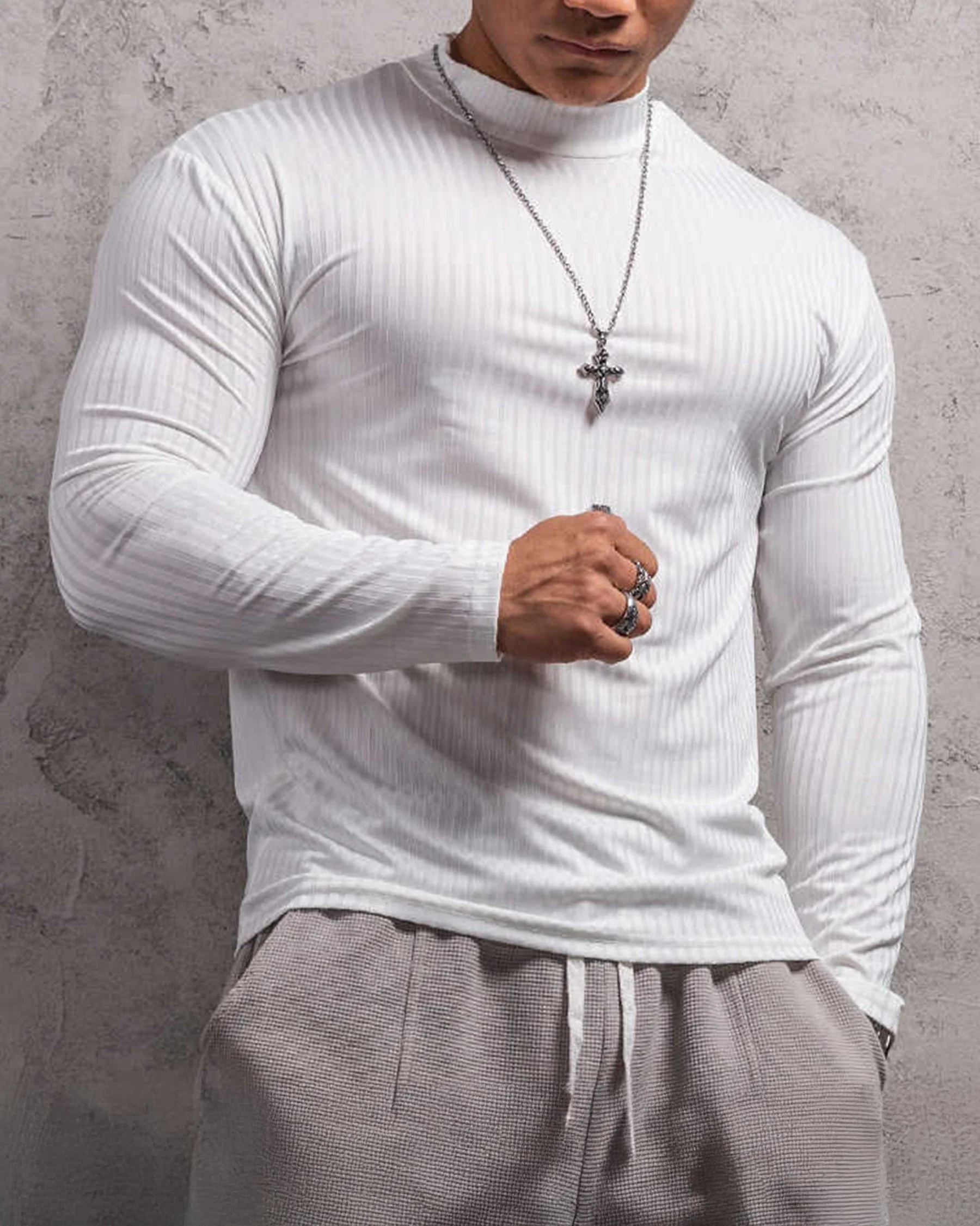 Stretch Rib Jersey Mockneck Long Sleeves T-shirt - Image 13