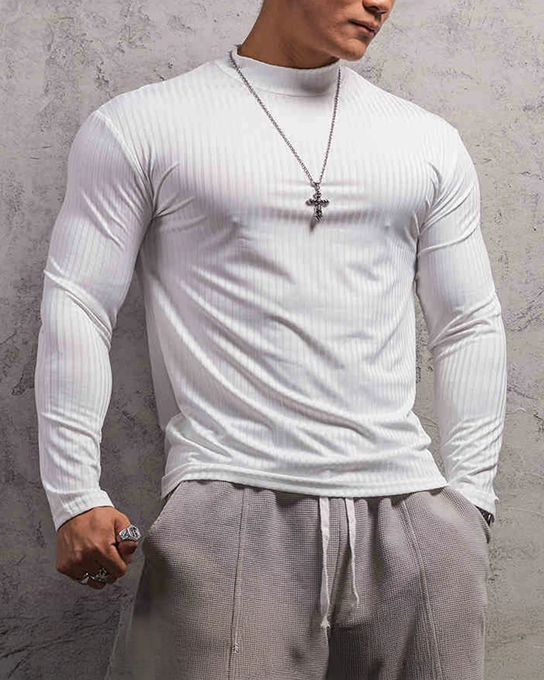 Stretch Rib Jersey Mockneck Long Sleeves T-shirt - Image 16