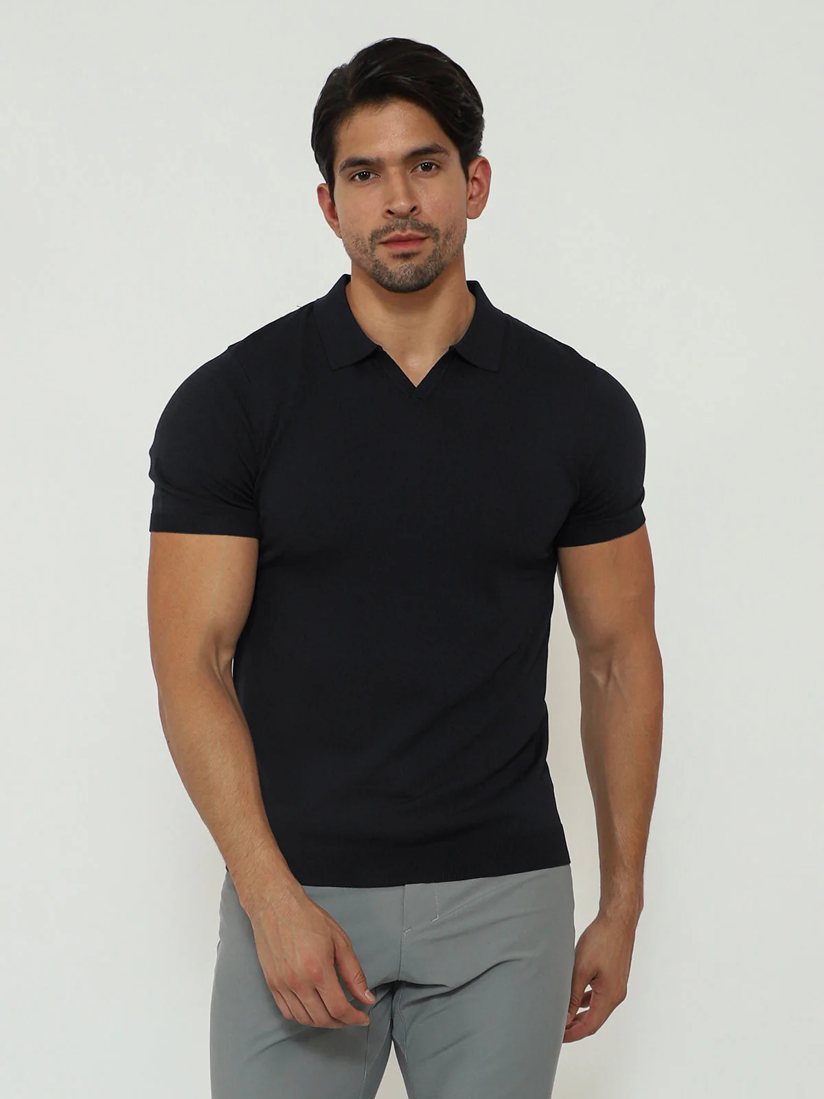 Open Collar Knit Polo Black - Image 21