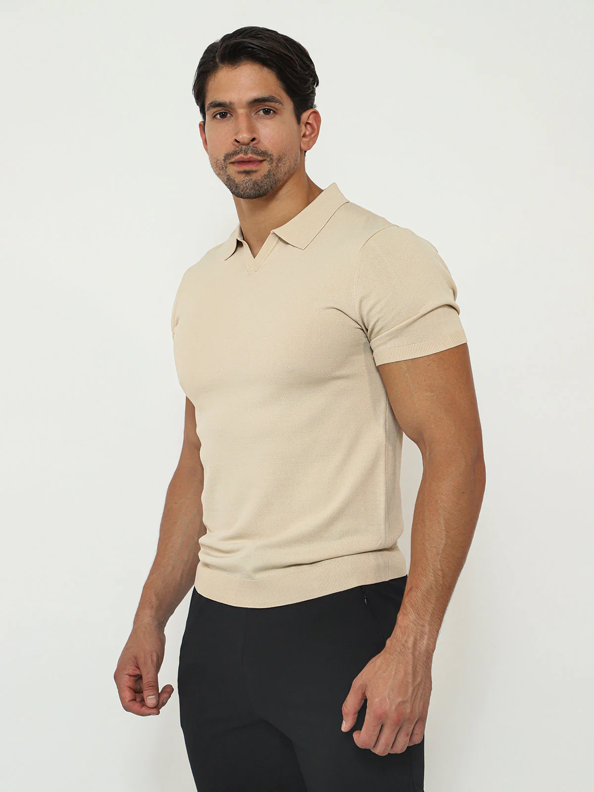 Open Collar Knit Polo Sand - Image 4